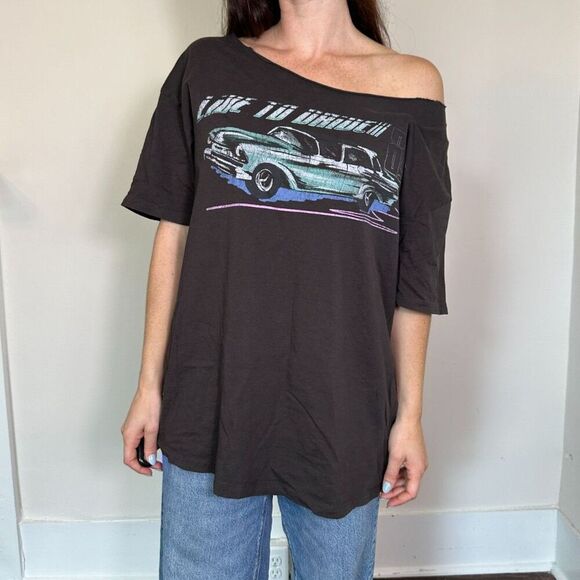 Cropped One Shoulder Relaxed Boyfriend Graphic T-shirt Live To Drive Sz M - Picture 1 of 5